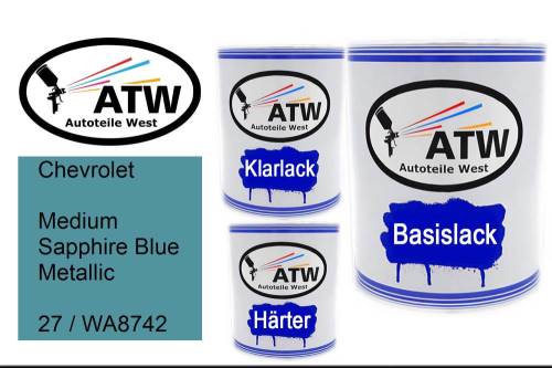 Chevrolet, Medium Sapphire Blue Metallic, 27 / WA8742: 1L Lackdose + 1L Klarlack + 500ml Härter - Set, von ATW Autoteile West.
